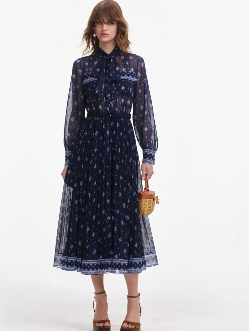Self Portrait Navy Blue Chiffon Pleated Elegant Midi Boho Bow Dress Size 8
